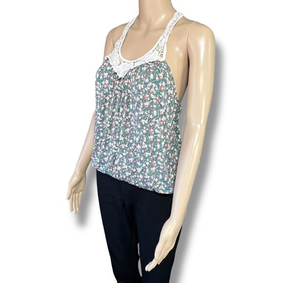 Forever 21 Womens Tank Top Crochet Scoop Neck Floral Print Green Pink Large - Picture 6 of 8